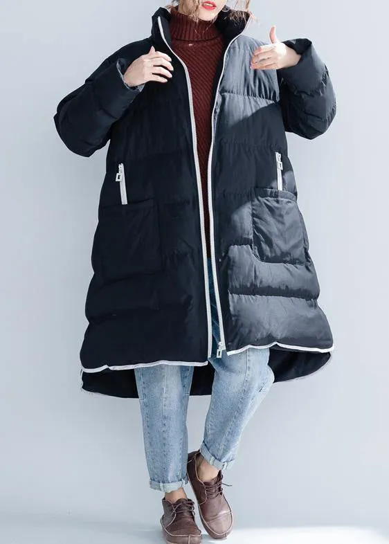 black cotton jacket trendy plus size stand collar zippered Warm pockets thick winter cotton coats