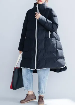 black cotton jacket trendy plus size stand collar zippered Warm pockets thick winter cotton coats
