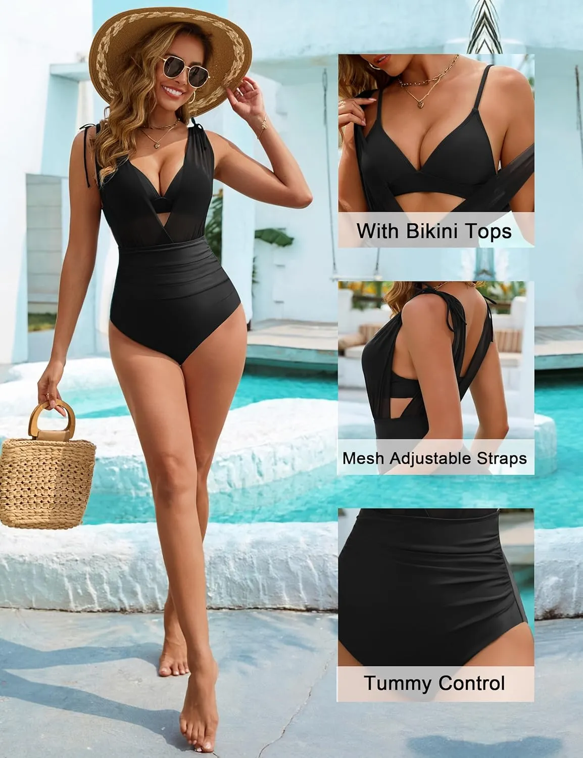 BMJL Womes One Piece Swimsuit Mesh Bathing Suit Tummy Control Swimsuits Plunge Bikini Tops 2025