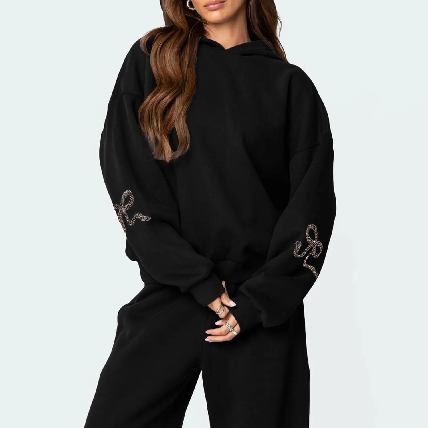 Bow Print Sweat Set for Women Two Piece Tracksuit Long Sleeve Oversized Hoodie Wide Leg Sweatpants 2 Piece Outfits