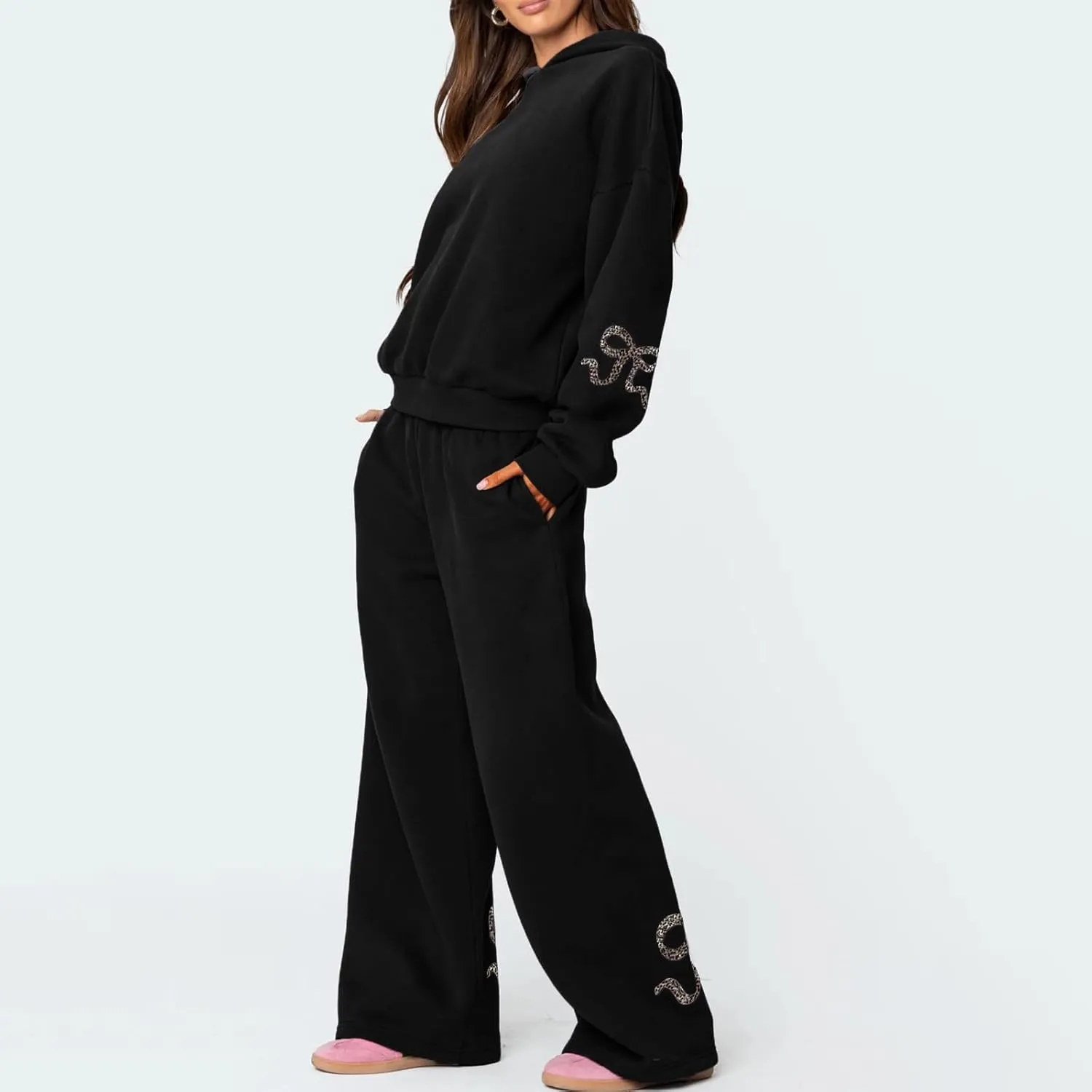 Bow Print Sweat Set for Women Two Piece Tracksuit Long Sleeve Oversized Hoodie Wide Leg Sweatpants 2 Piece Outfits