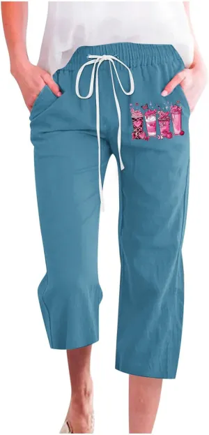 Breast Cancer Capri Pants for Women Drawstring Elastic High Waist Linen Pants Pink Ribbon Straight Cropped Trouser