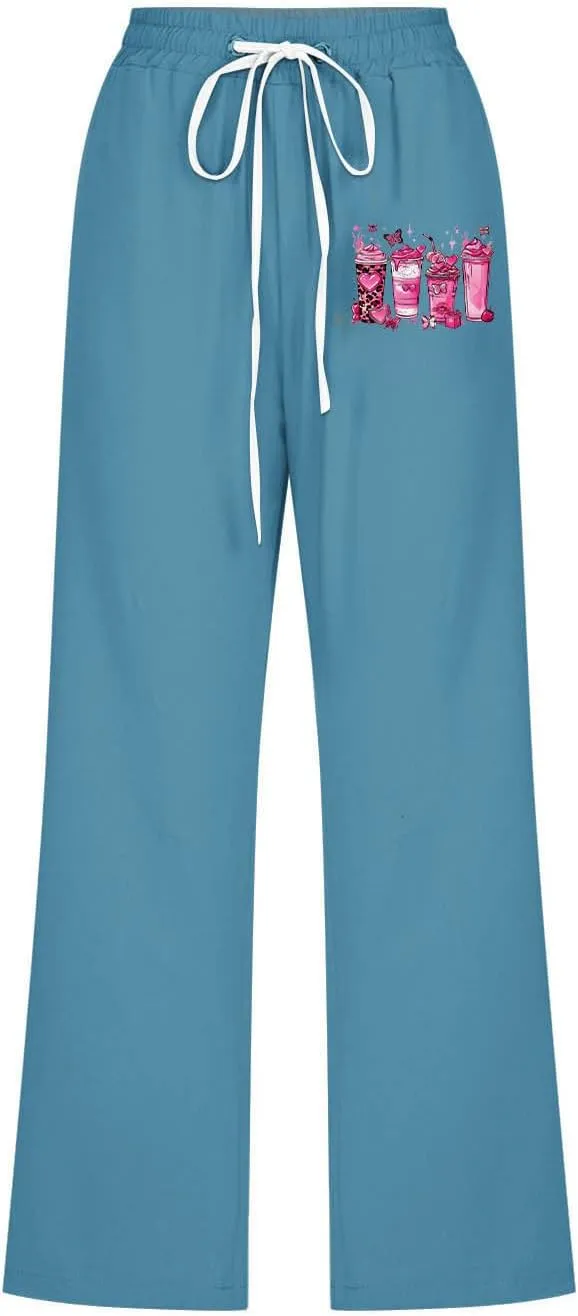 Breast Cancer Capri Pants for Women Drawstring Elastic High Waist Linen Pants Pink Ribbon Straight Cropped Trouser