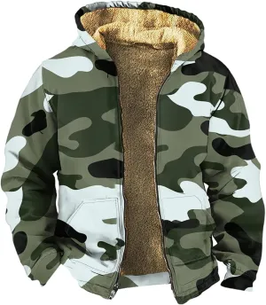 Camo Hoodie Mens Full Zip Sherpa Sweatshirts Fleece Hoodies Heavyweight Jackets Plus Size Warm Thick Coat With Pocket