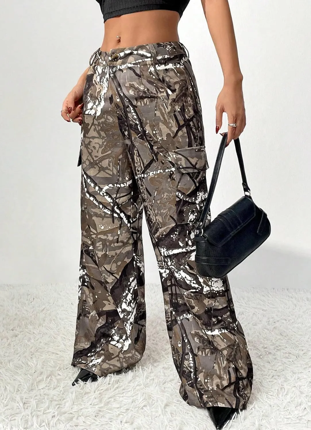 Camo Pants Women High Waist Baggy Wide Leg Camouflage Army Fatigue Jean Trousers Slim Fit Pockets Joggers Sweatpants