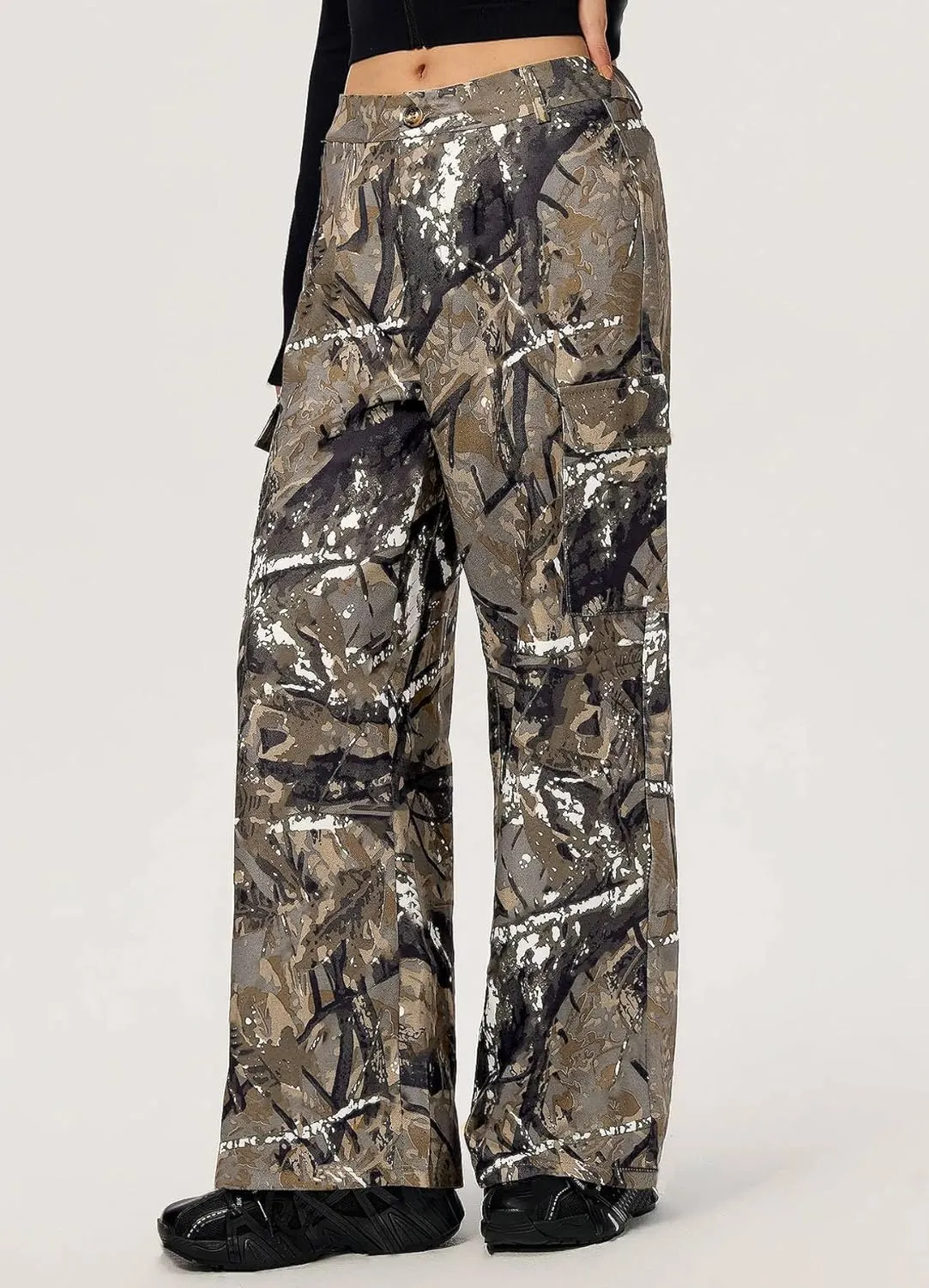 Camo Pants Women High Waist Baggy Wide Leg Camouflage Army Fatigue Jean Trousers Slim Fit Pockets Joggers Sweatpants