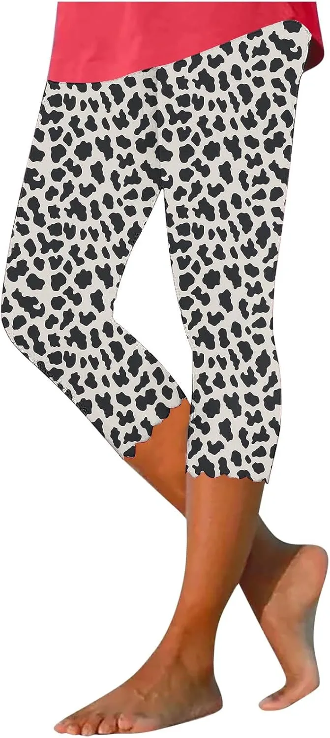 Capri Leggings for Women Floral Print High Waist Capris Pants Tummy Control Knee Length Slim Yoga Cropped Trouser