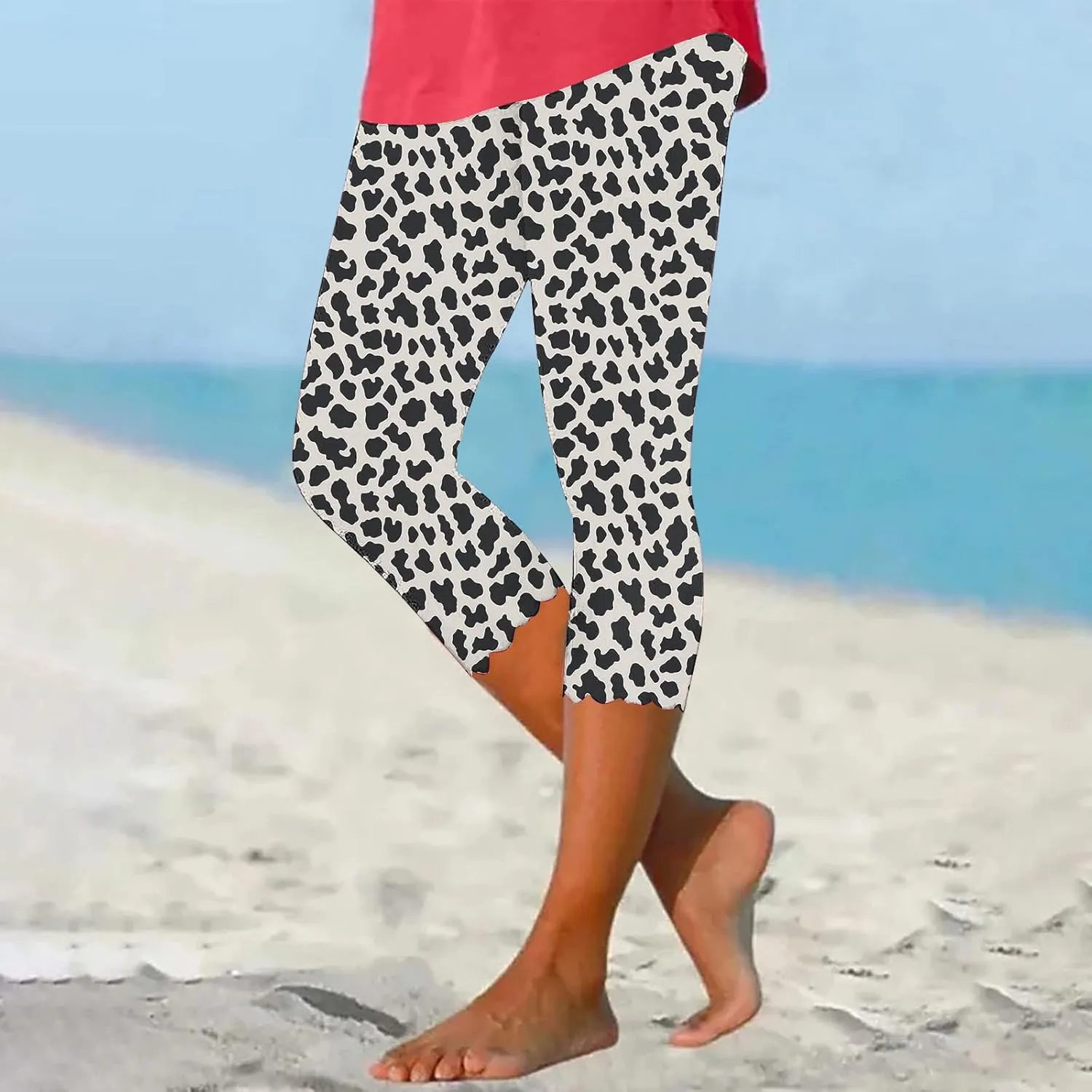 Capri Leggings for Women Floral Print High Waist Capris Pants Tummy Control Knee Length Slim Yoga Cropped Trouser