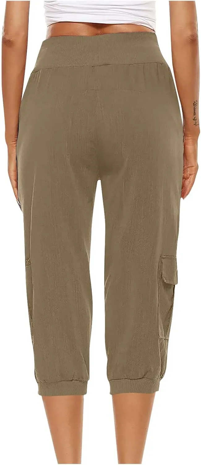 Capri Linen Pants for Women High Waisted Capris Plus Size Cropped Trousers Drawstring Summer Pants with Pockets