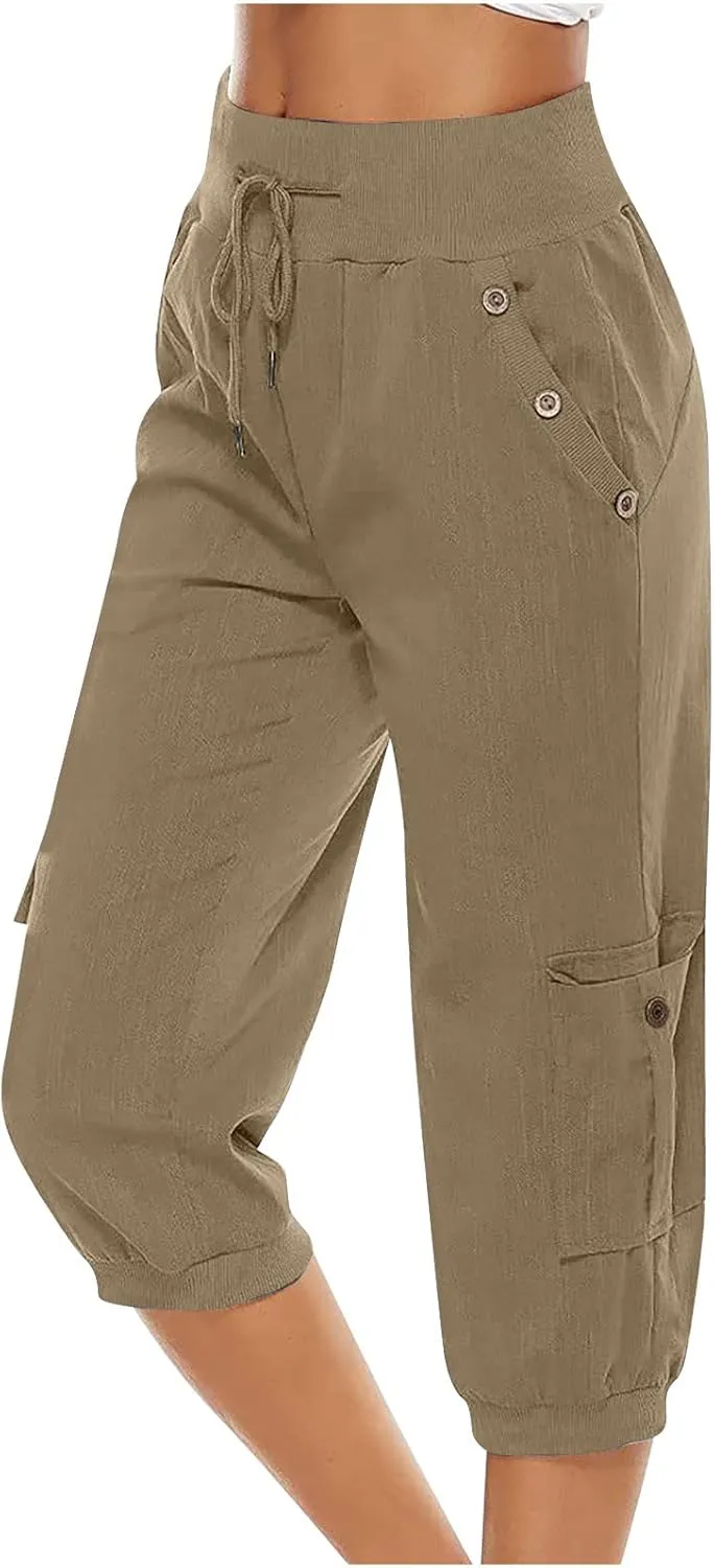 Capri Linen Pants for Women High Waisted Capris Plus Size Cropped Trousers Drawstring Summer Pants with Pockets