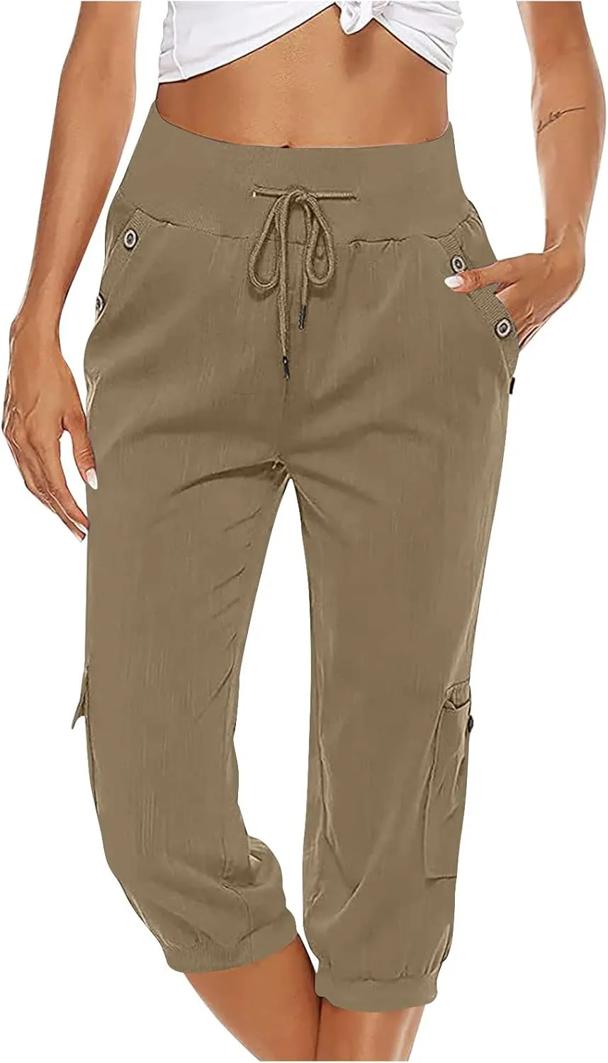 Capri Linen Pants for Women High Waisted Capris Plus Size Cropped Trousers Drawstring Summer Pants with Pockets