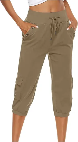 Capri Linen Pants for Women High Waisted Capris Plus Size Cropped Trousers Drawstring Summer Pants with Pockets