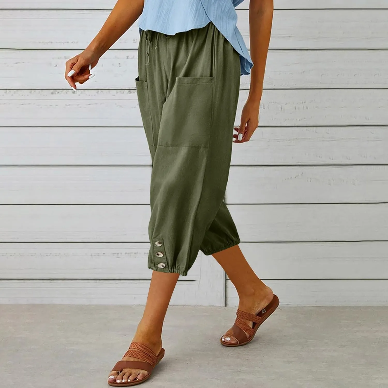 Capri Pants for Women Bottom Button Cropped Linen Pants Drawstring Elastic Waist High Waist Wide Leg Trouser