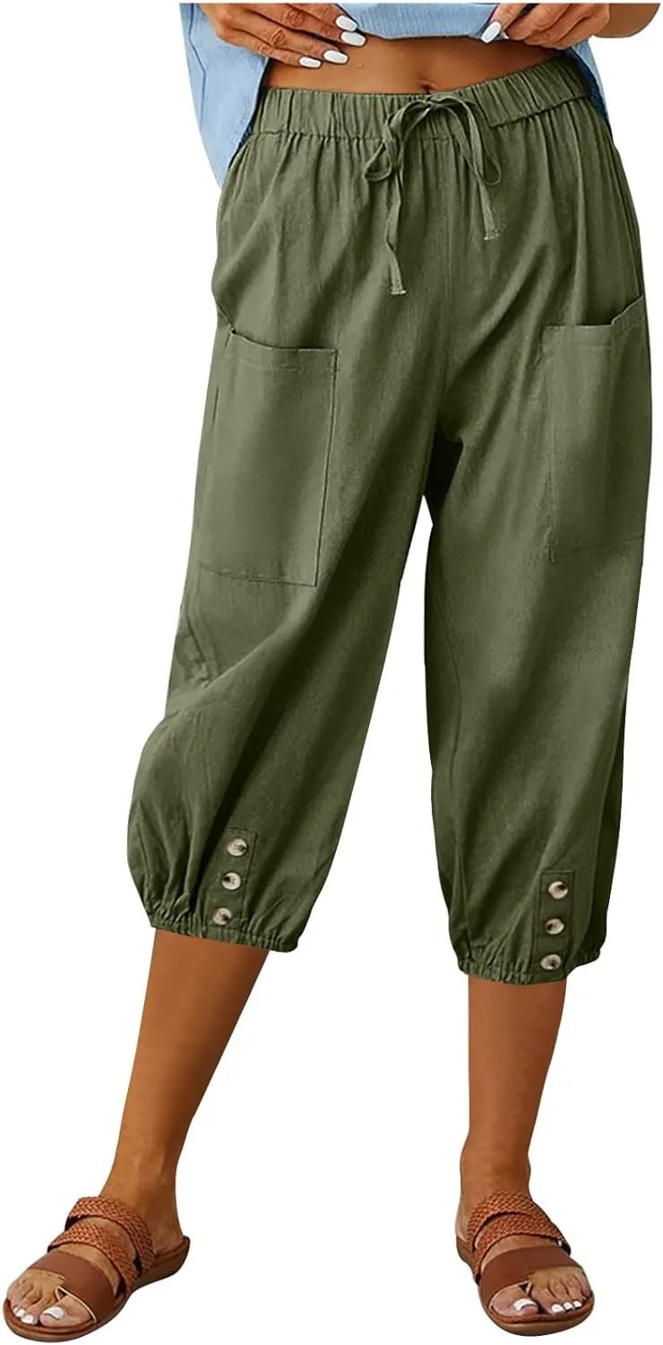 Capri Pants for Women Bottom Button Cropped Linen Pants Drawstring Elastic Waist High Waist Wide Leg Trouser