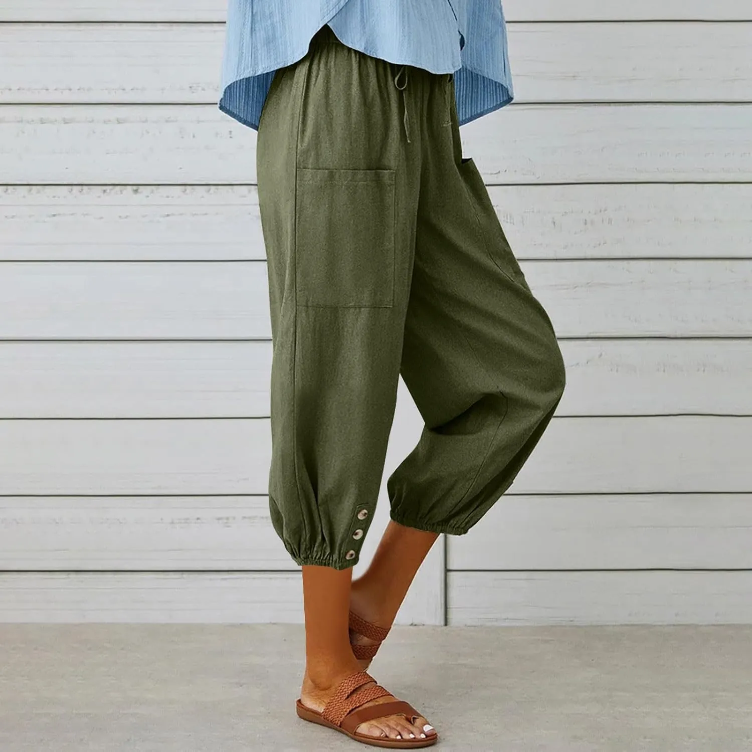Capri Pants for Women Bottom Button Cropped Linen Pants Drawstring Elastic Waist High Waist Wide Leg Trouser