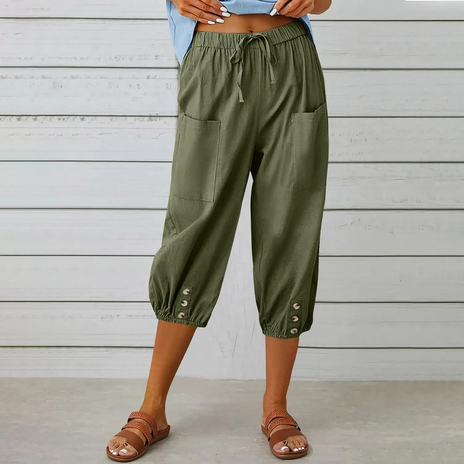 Capri Pants for Women Bottom Button Cropped Linen Pants Drawstring Elastic Waist High Waist Wide Leg Trouser