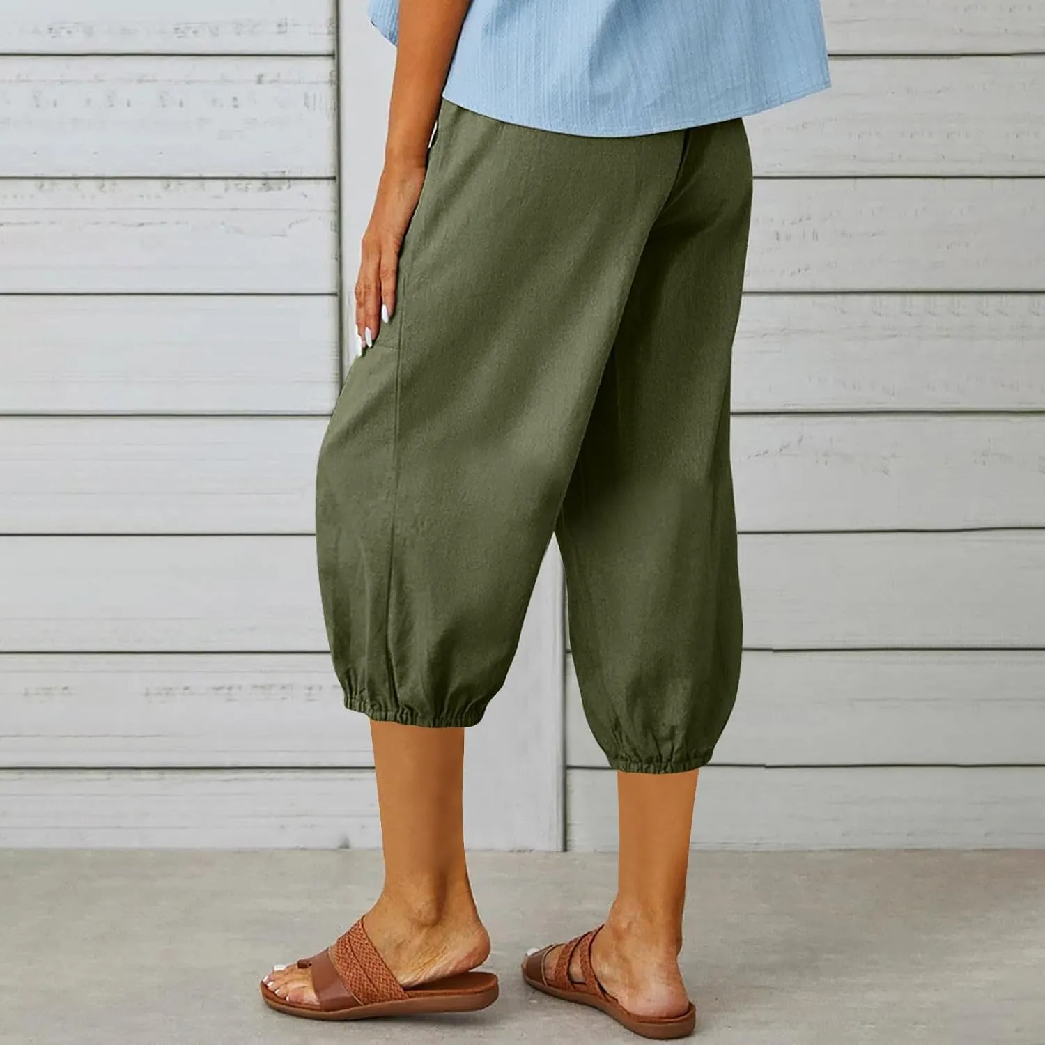 Capri Pants for Women Bottom Button Cropped Linen Pants Drawstring Elastic Waist High Waist Wide Leg Trouser