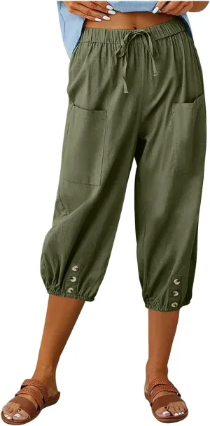 Capri Pants for Women Bottom Button Cropped Linen Pants Drawstring Elastic Waist High Waist Wide Leg Trouser