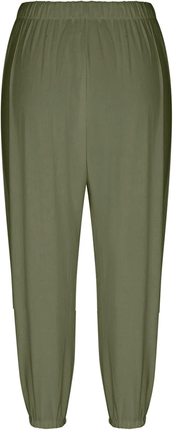 Capri Pants for Women Bottom Button Cropped Linen Pants Drawstring Elastic Waist High Waist Wide Leg Trouser