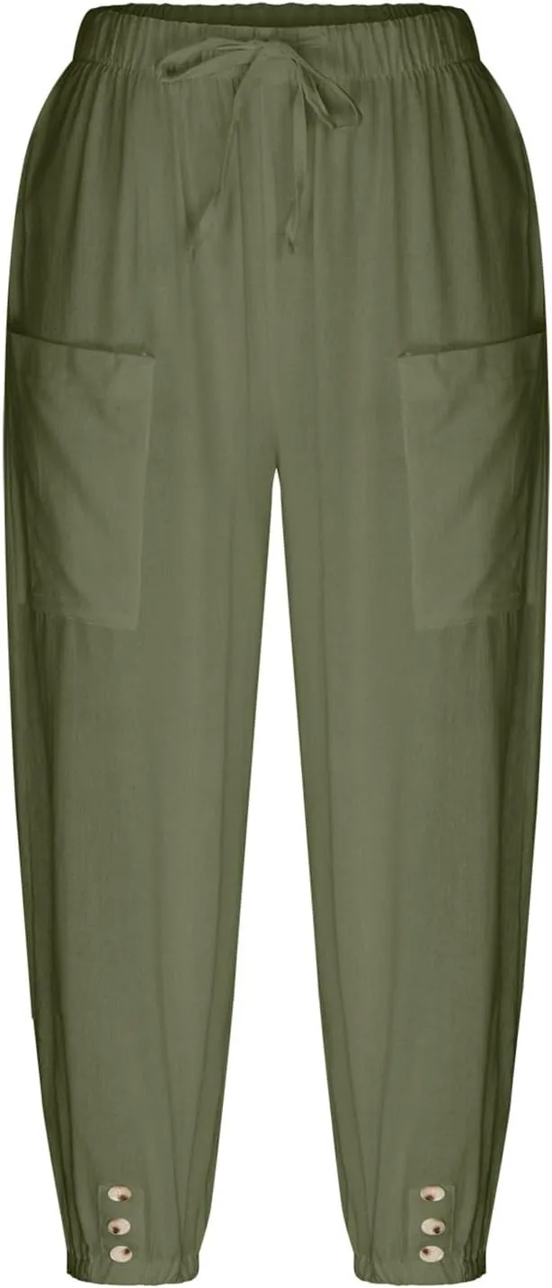 Capri Pants for Women Bottom Button Cropped Linen Pants Drawstring Elastic Waist High Waist Wide Leg Trouser
