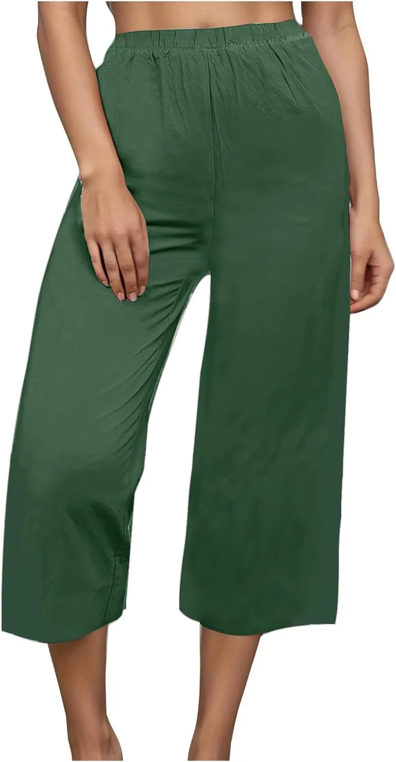 Capri Pants for Women Casual Elastic High Waist Beach Cropped Pants Loose Trousers Summer Outfits for Women