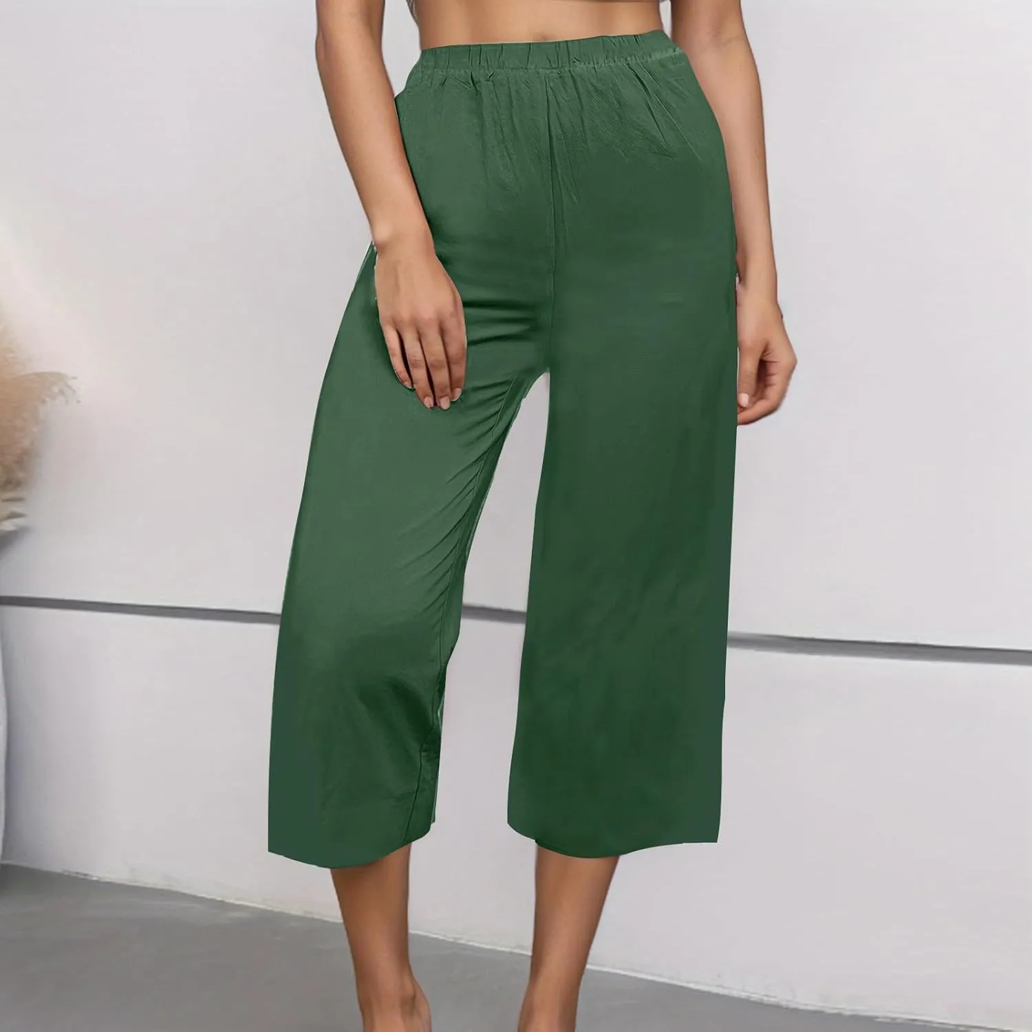 Capri Pants for Women Casual Elastic High Waist Beach Cropped Pants Loose Trousers Summer Outfits for Women