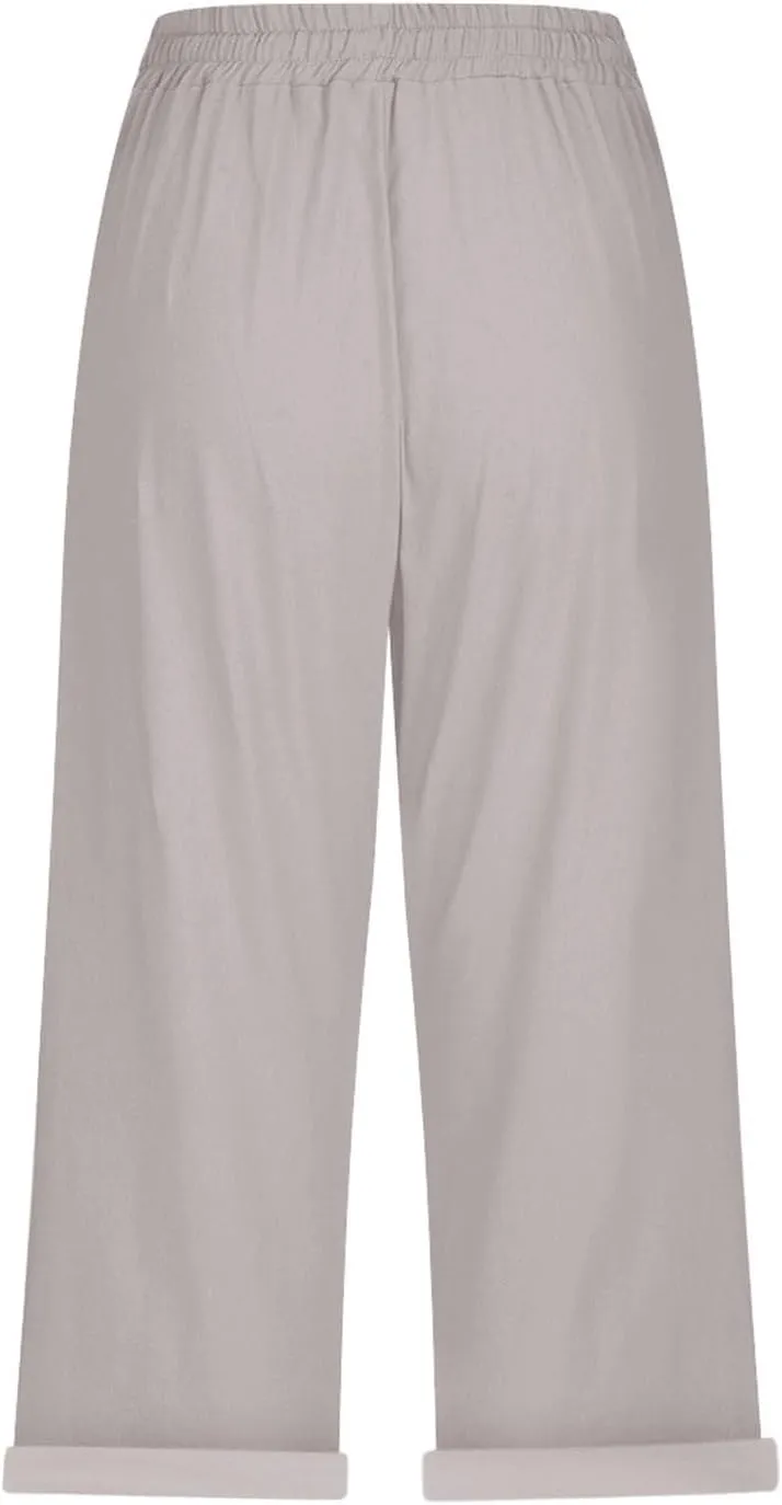 Capri Pants for Women Casual Summer Drawstring Elastic High Waist Linen Pant Straight Wide Leg Cropped Trouser