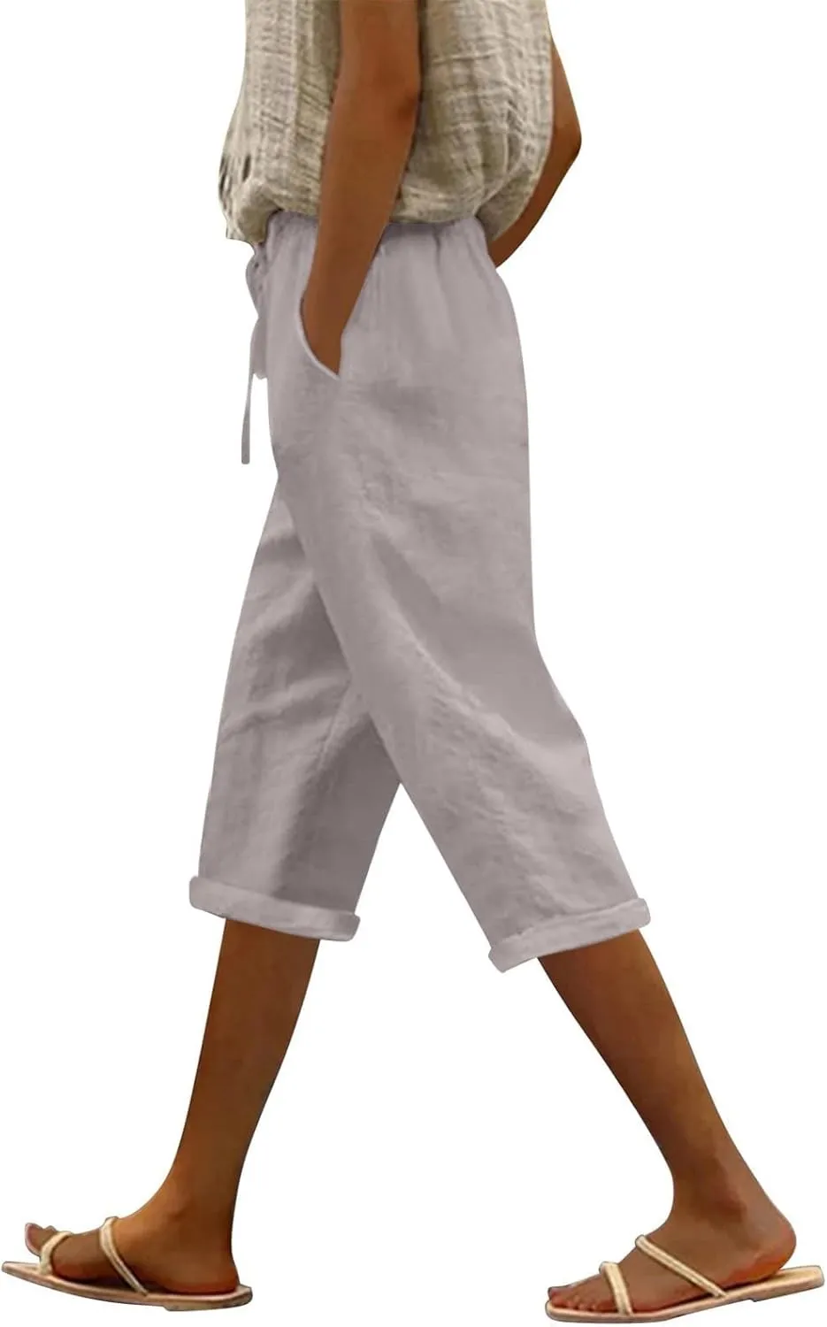 Capri Pants for Women Casual Summer Drawstring Elastic High Waist Linen Pant Straight Wide Leg Cropped Trouser