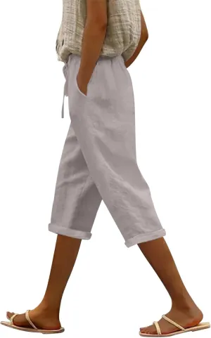 Capri Pants for Women Casual Summer Drawstring Elastic High Waist Linen Pant Straight Wide Leg Cropped Trouser