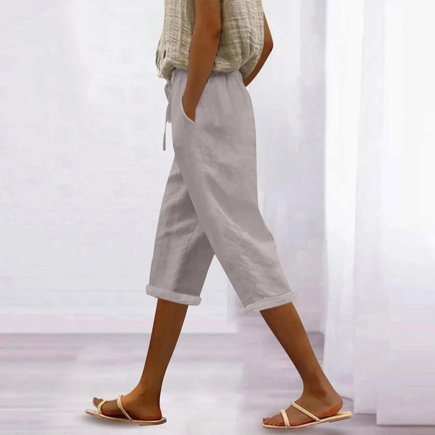 Capri Pants for Women Casual Summer Drawstring Elastic High Waist Linen Pant Straight Wide Leg Cropped Trouser