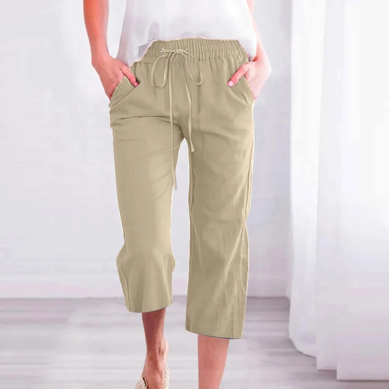 Capri Pants for Women Cotton Linen Casual Summer 2025 Wide Leg Loose Drawstring Elastic Waist Cropped Trousers