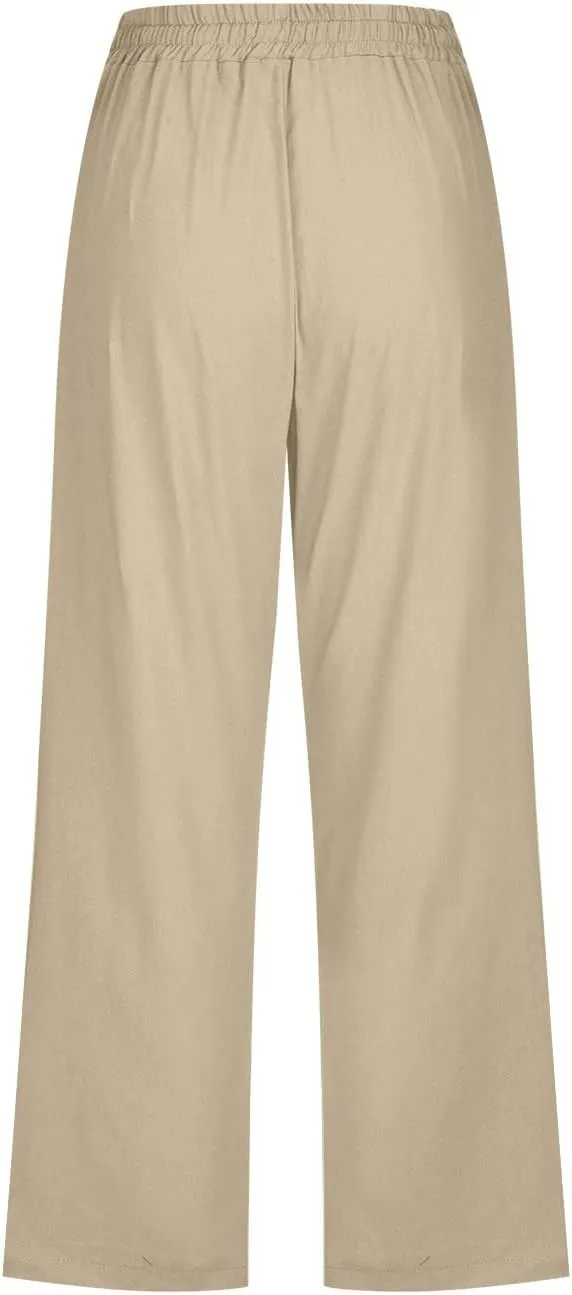 Capri Pants for Women Cotton Linen Casual Summer 2025 Wide Leg Loose Drawstring Elastic Waist Cropped Trousers