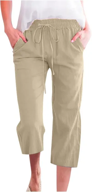 Capri Pants for Women Cotton Linen Casual Summer 2025 Wide Leg Loose Drawstring Elastic Waist Cropped Trousers