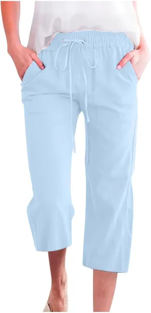 Capri Pants for Women Linen Casual High Waist Pant 2025 Summer Wide Leg Drawstring Elastic Plus Size Lounge Trouser