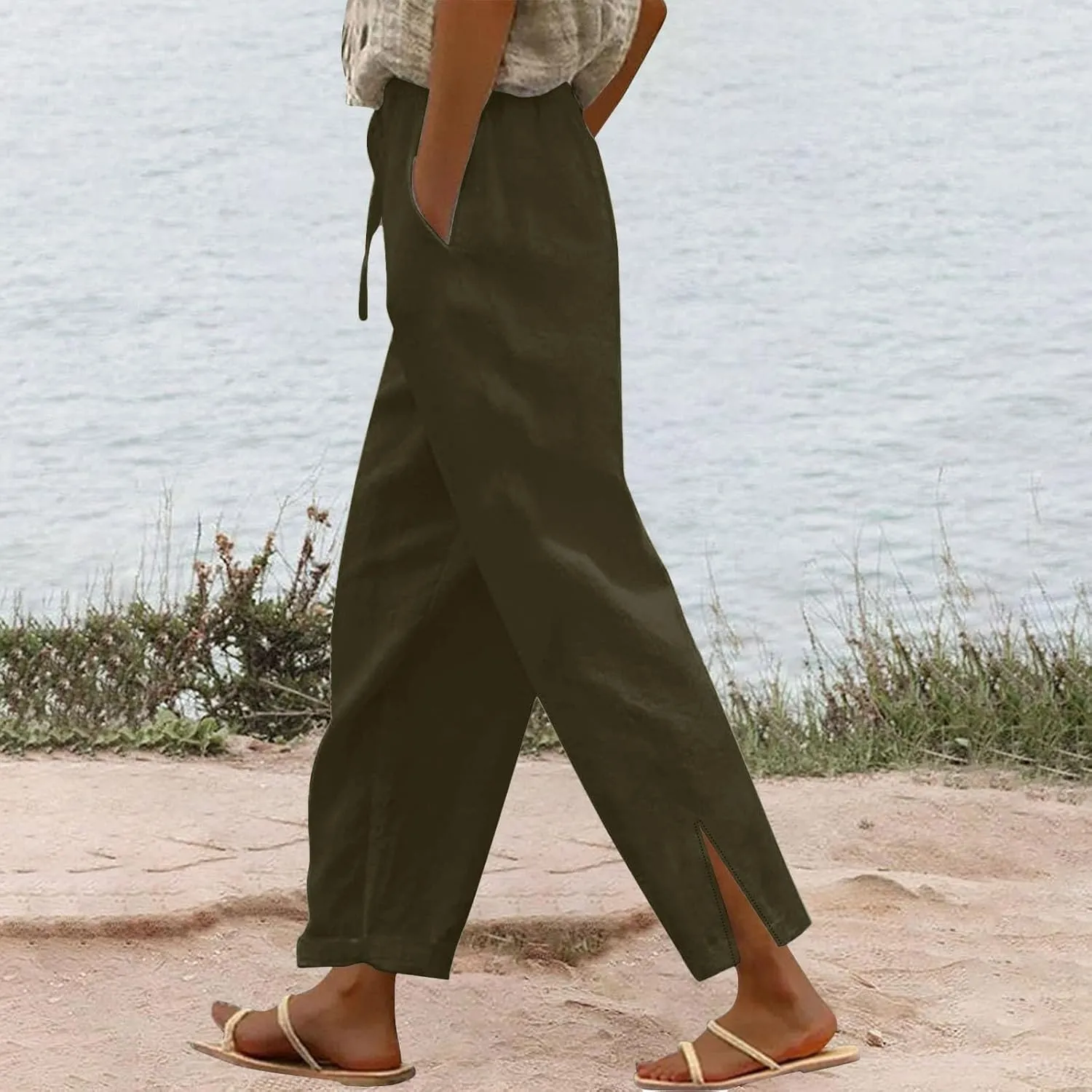 Capris Pants for Women Casual Cotton Linen Elastic Loose Pants Drawstring Straight Wide Leg Trousers with Pocket White 2X