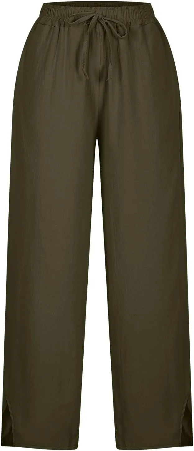Capris Pants for Women Casual Cotton Linen Elastic Loose Pants Drawstring Straight Wide Leg Trousers with Pocket White 2X