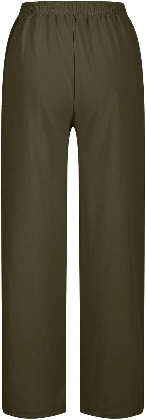 Capris Pants for Women Casual Cotton Linen Elastic Loose Pants Drawstring Straight Wide Leg Trousers with Pocket White 2X