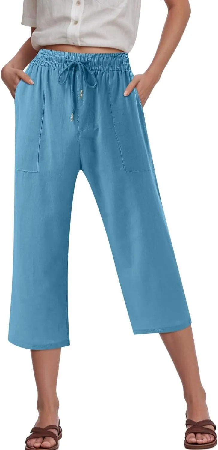 Capris Pants for Women Cotton Linen Casual Summer 2025 Drawstring Elastic Waist Straight Wide Leg Loose Cropped Trouser