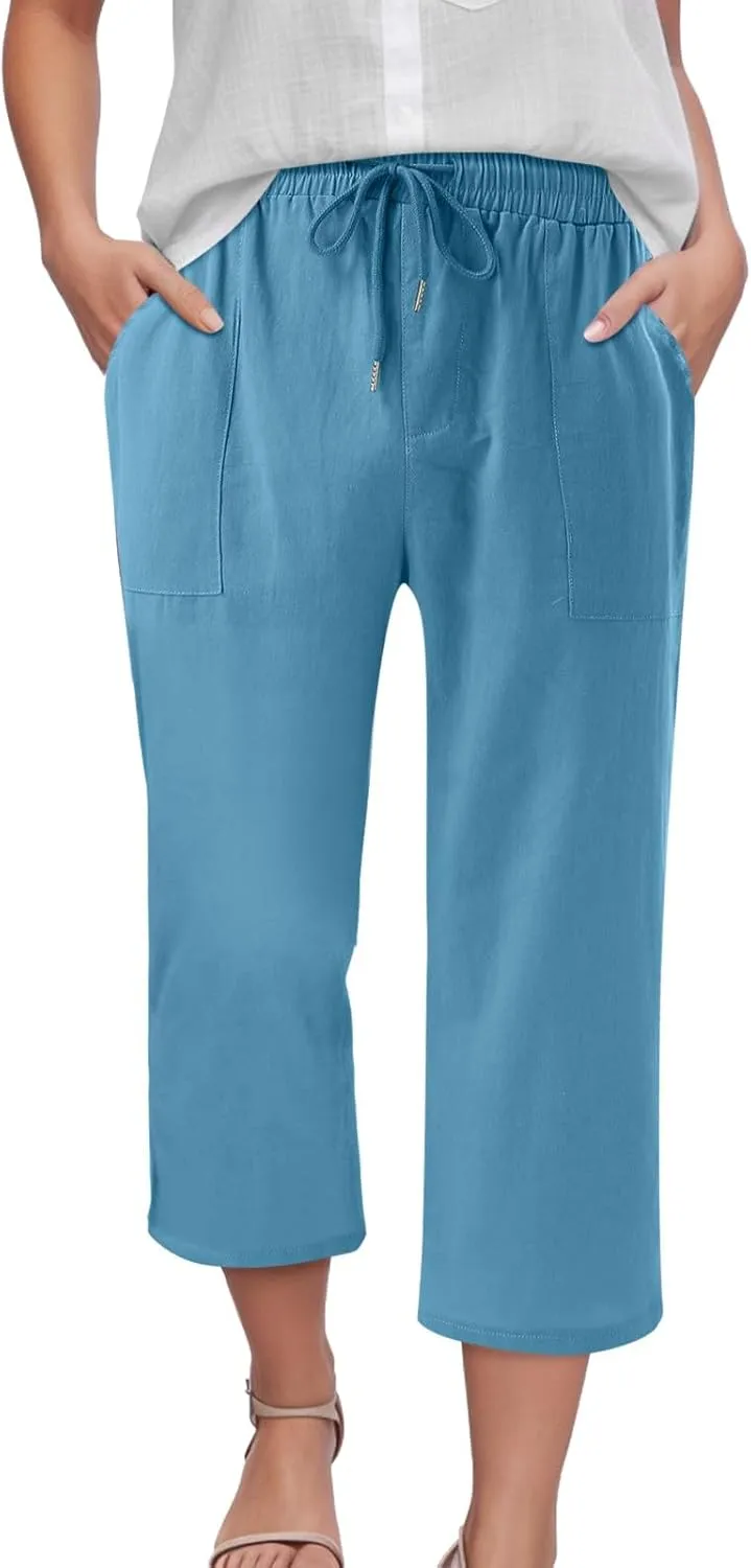 Capris Pants for Women Cotton Linen Casual Summer 2025 Drawstring Elastic Waist Straight Wide Leg Loose Cropped Trouser