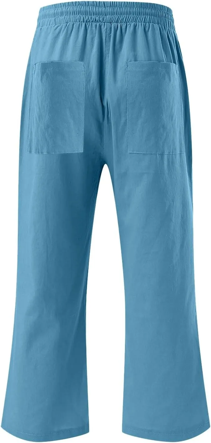 Capris Pants for Women Cotton Linen Casual Summer 2025 Drawstring Elastic Waist Straight Wide Leg Loose Cropped Trouser