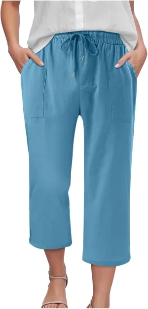 Capris Pants for Women Cotton Linen Casual Summer 2025 Drawstring Elastic Waist Straight Wide Leg Loose Cropped Trouser