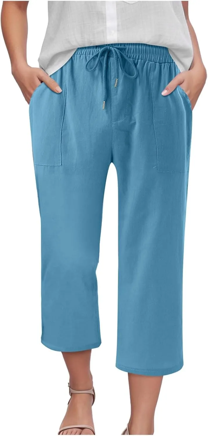Capris Pants for Women Cotton Linen Casual Summer 2025 Drawstring Elastic Waist Straight Wide Leg Loose Cropped Trouser