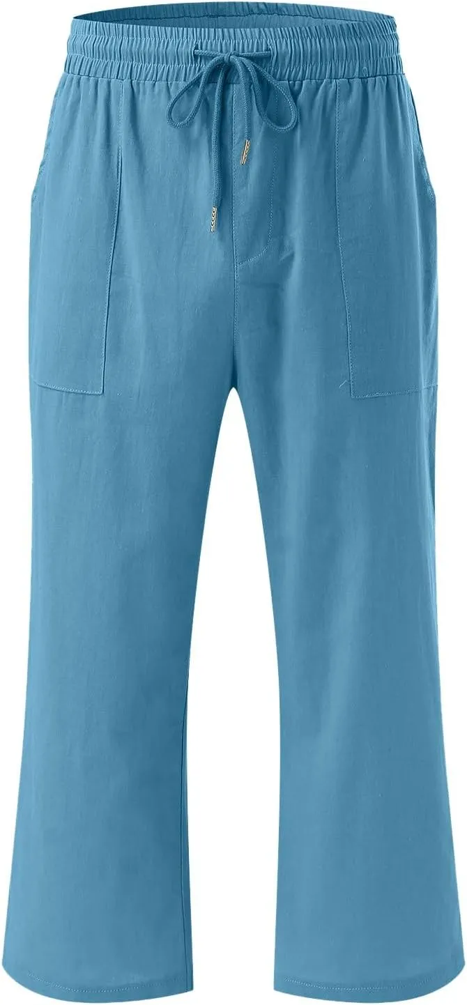 Capris Pants for Women Cotton Linen Casual Summer 2025 Drawstring Elastic Waist Straight Wide Leg Loose Cropped Trouser