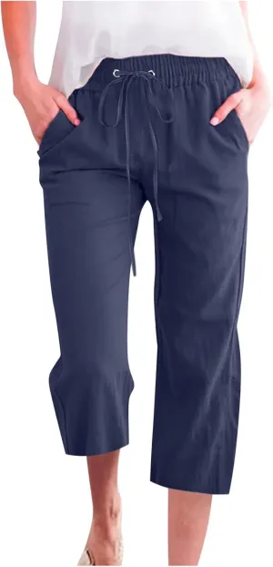 Capris Pants for Women Cotton Linen Casual Summer Plus Size Wide Leg Loose Drawstring Elastic Waist Cropped Trousers