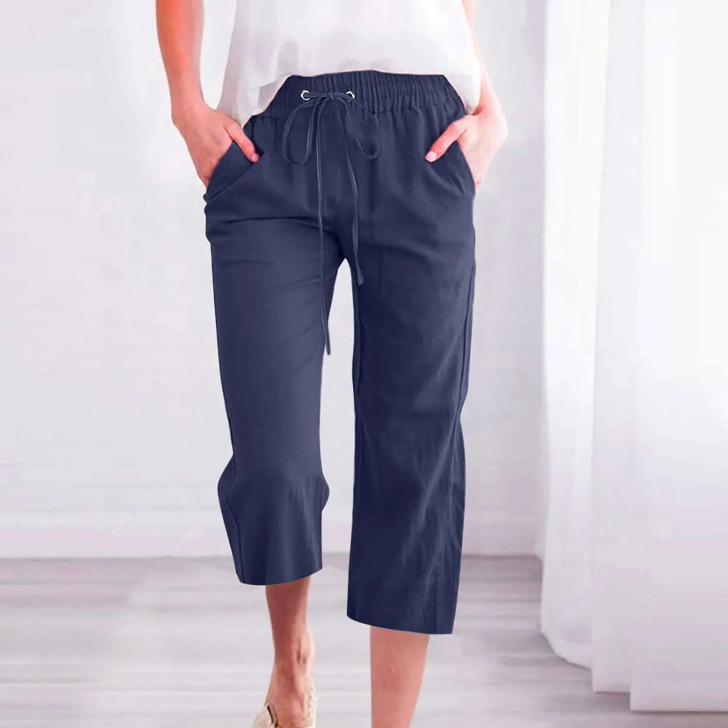 Capris Pants for Women Cotton Linen Casual Summer Plus Size Wide Leg Loose Drawstring Elastic Waist Cropped Trousers