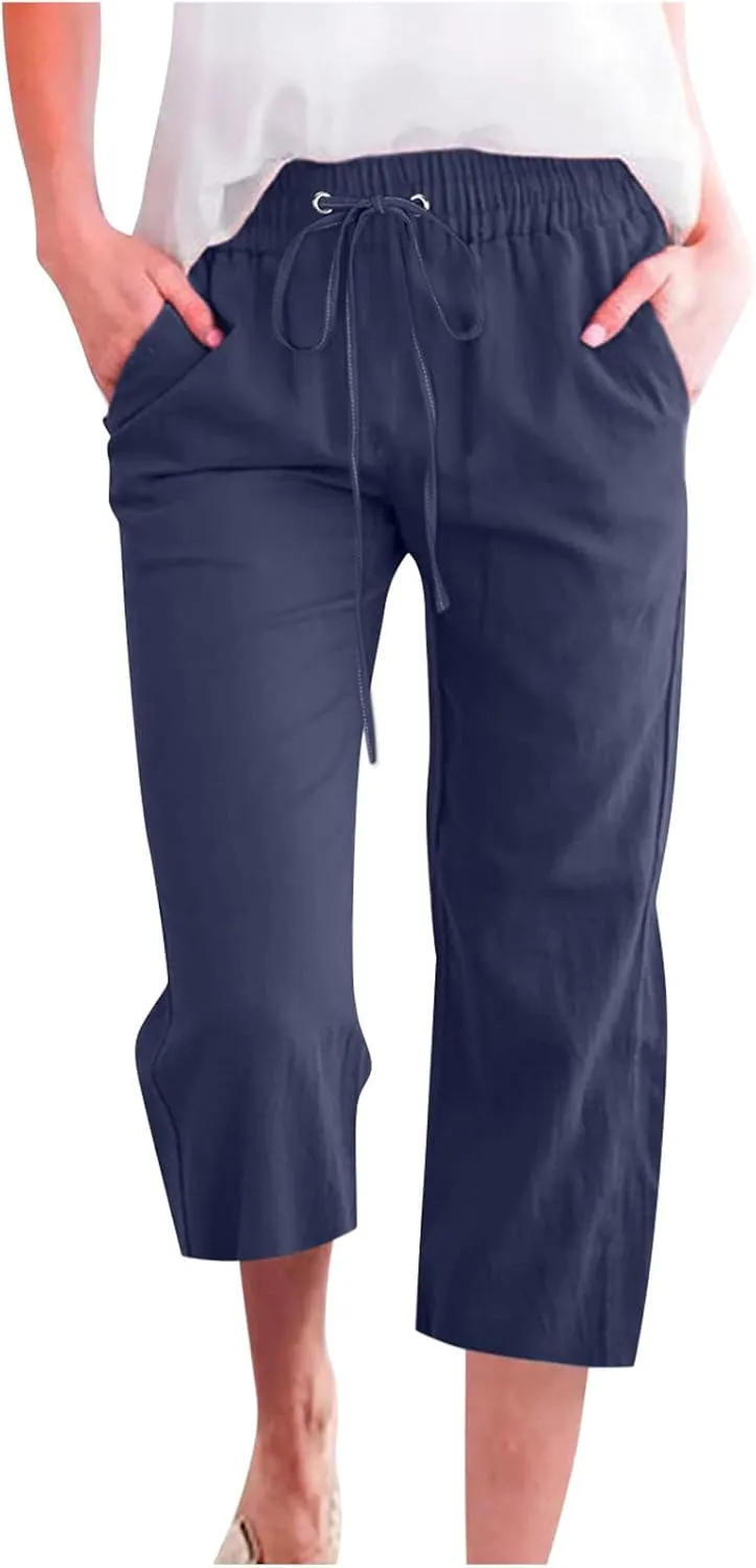 Capris Pants for Women Cotton Linen Casual Summer Plus Size Wide Leg Loose Drawstring Elastic Waist Cropped Trousers