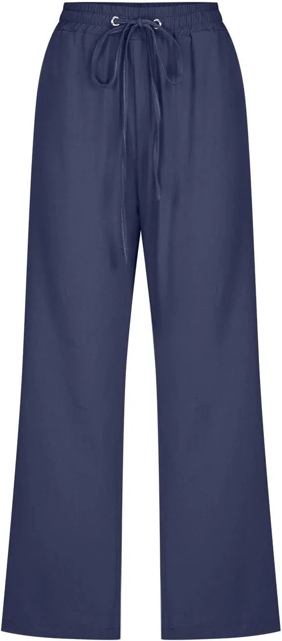 Capris Pants for Women Cotton Linen Casual Summer Plus Size Wide Leg Loose Drawstring Elastic Waist Cropped Trousers