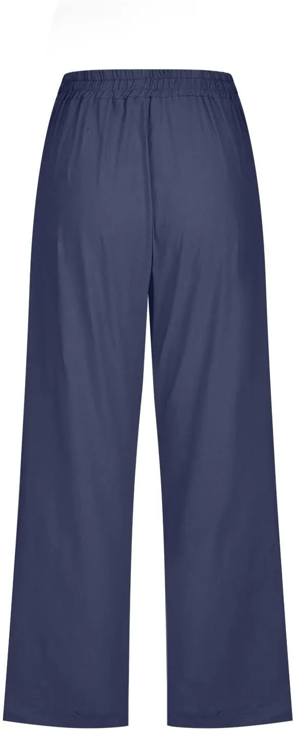 Capris Pants for Women Cotton Linen Casual Summer Plus Size Wide Leg Loose Drawstring Elastic Waist Cropped Trousers