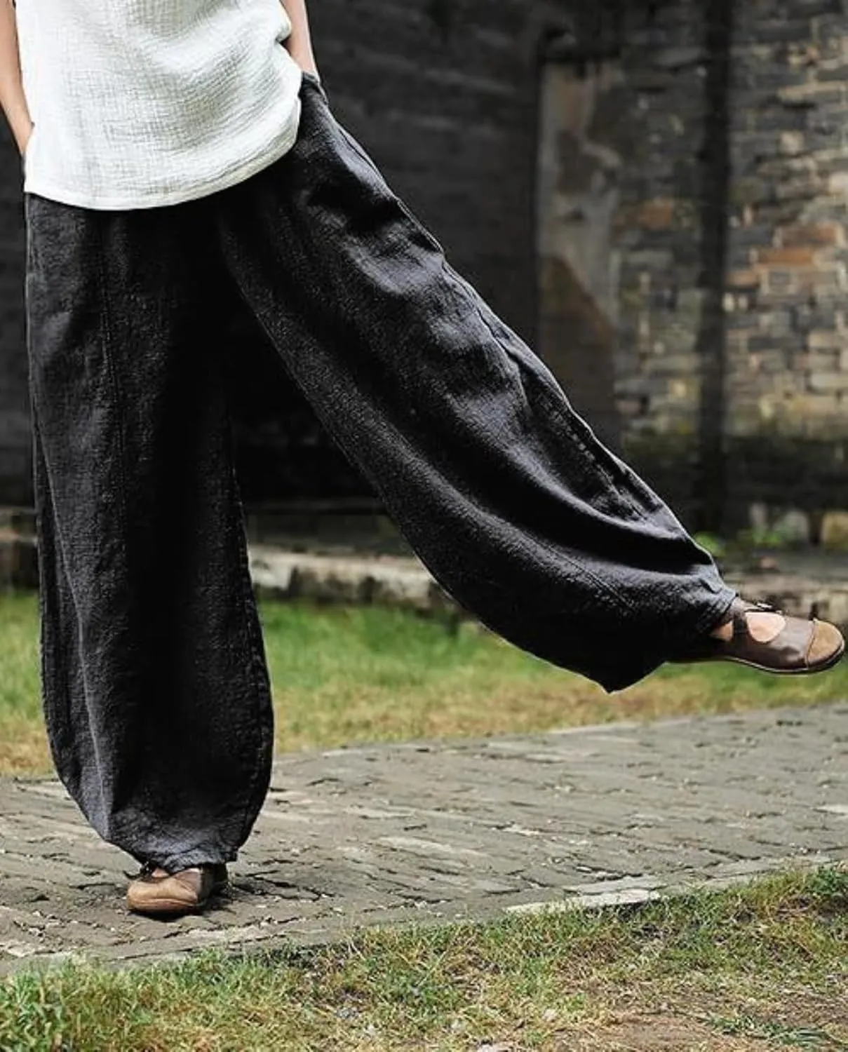 Cargo Japanese Pants for Women Soild Cotton Linen Wide Leg Pants Casual Fall Baggy Lantern Trouser with Pockets