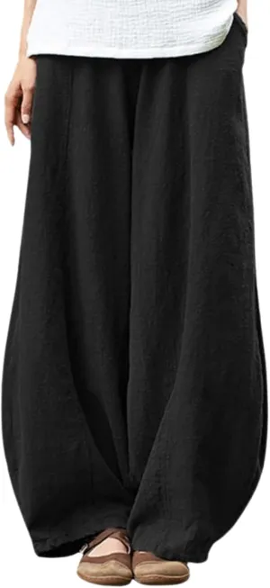 Cargo Japanese Pants for Women Soild Cotton Linen Wide Leg Pants Casual Fall Baggy Lantern Trouser with Pockets